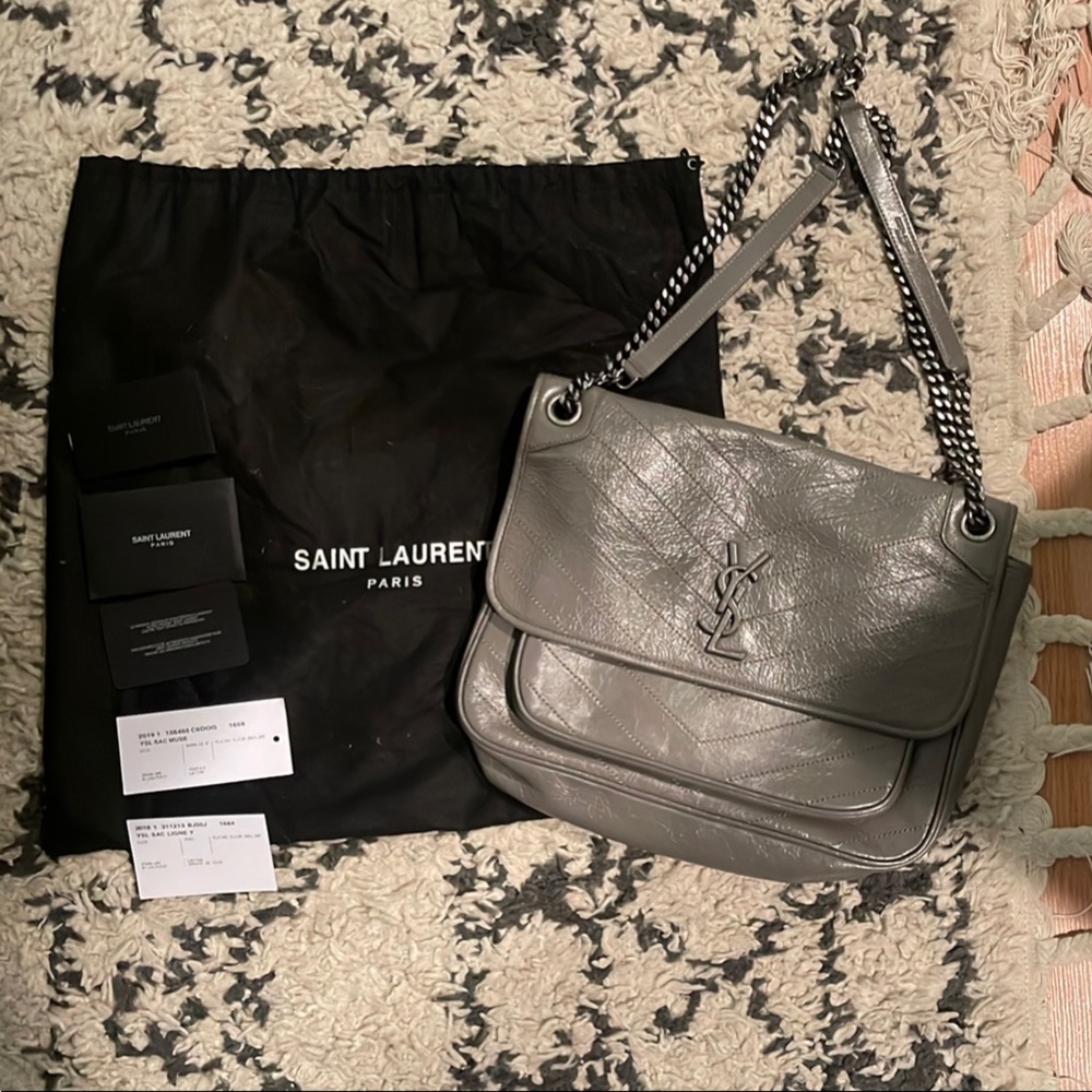 Saint Laurent Silver Leather Chain Strap Bag